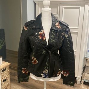 Floral embroidered moto jacket
